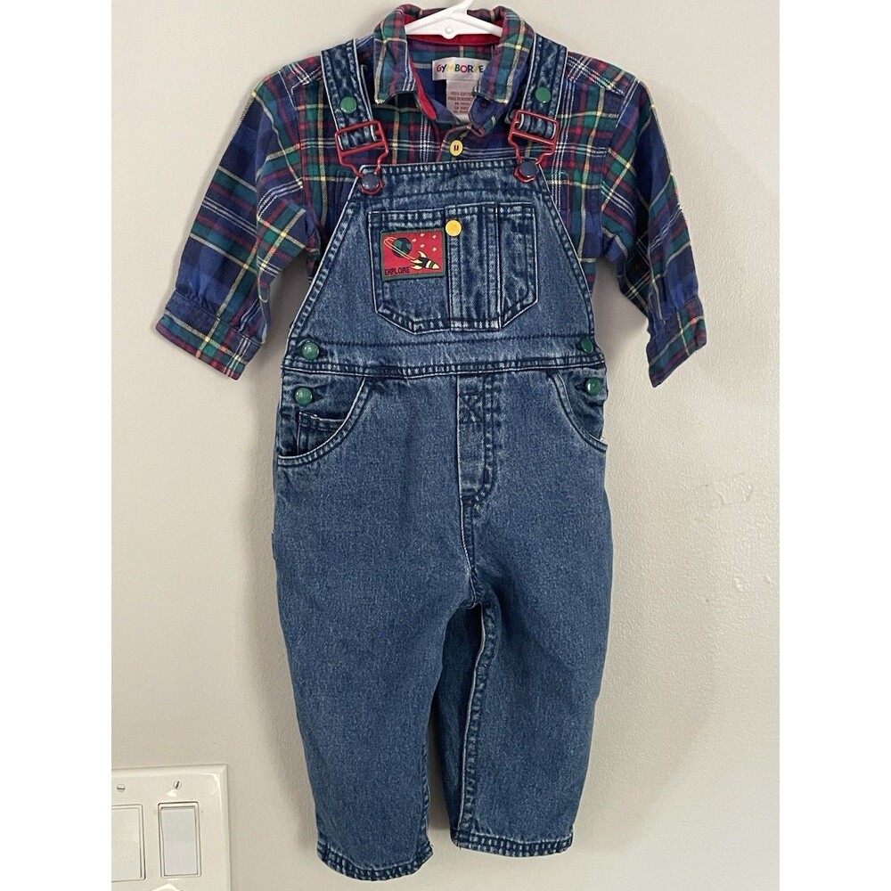 Vtg 90’s Gymboree Rainbow Tag Explore Space Overalls and Plaid Shirt Set 12-18 M